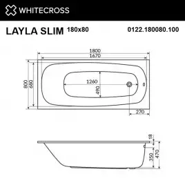 Акриловая ванна Whitecross Layla Slim 180х80 0122.180080.100 с тонким бортом, встраиваемая, Белая