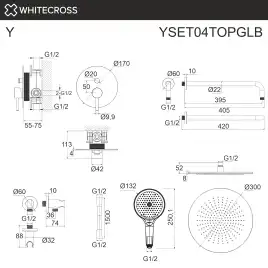 Душевая система для душа WHITECROSS Y brushed gold YSET04TOPGLB, скрытого монтажа, Золото брашированное