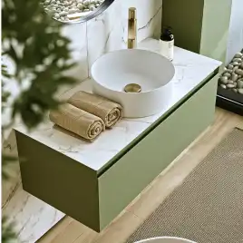 Тумба с раковиной подвесная Aqwella Geometria 80 GE01081SH+STG814X476MW, со столешницей мрамор белый, цвет зеленый шалфей