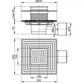 Душевой трап AlcaPlast 105х105/50/75, подводка – боковая, решетка – нержавеющая сталь APV3344