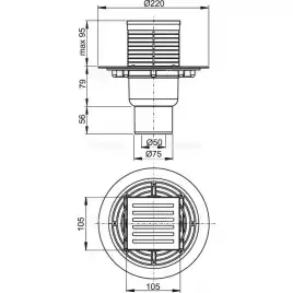 Душевой трап AlcaPlast 105х105/50/75, подводка – прямая, решетка латунь-хром, гидрозатвор – мокрый APV203