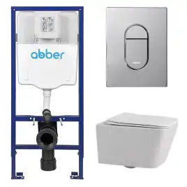 Комплект унитаза с инсталляцией ABBER Rechteck AC1201 белый и кнопкой AC0124 хром глянцевый