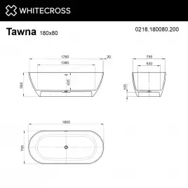 Ванна из искусственного камня WHITECROSS 180x80 Tawna, белая матовая 0218.180080.200