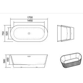 Ванна акриловая Azario ROUSE 170x75 AZ-6605C отдельностоящая, в комплекте с сифоном и металлической рамой