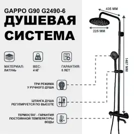 Душевая система Gappo G2490-6  с тропическим душем и термостатом, Черный матовый
