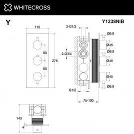 Смеситель для душа Whitecross Y brushed nickel скрытого монтажа термостатический Никель брашированный, Y1238NIB