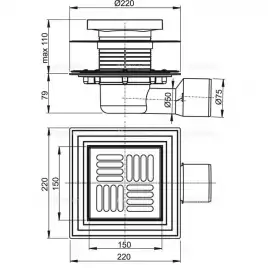 Душевой трап AlcaPlast 150х150/50/75 мм боковой сток, решетка из нержавеющей стали APV3444