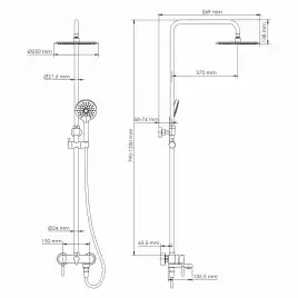 Душевая система WasserKRAFT  A14201 для ванны с изливом, верхний и ручной душ, Никель
