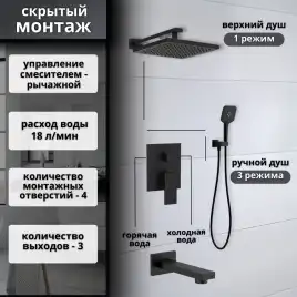 Встраиваемая душевая система AVS CUBE 811-241-MB с изливом, черный матовый