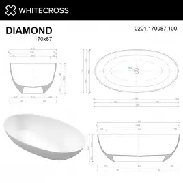 Ванна из искусственного камня WHITECROSS 170x87 Diamond, Белая глянецевая 0201.170087.100