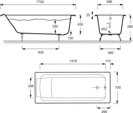Чугунная ванна Jacob Delafon Parallel 170х70 E2947-00 с антискользящим покрытием, Белая