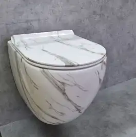 Унитаз подвесной Ceramalux 2213-K, безободковый с сиденьем микролифт Белый мрамор