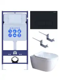 Унитаз с инсталляцией SET AQUATEK ПОЛАРИС-01-017 4в1 с тонким сиденьем микролифт и черной матовой клавишей смыва