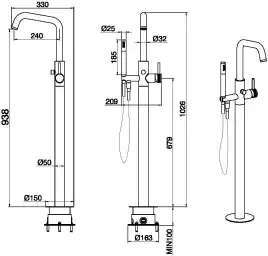 Напольный смеситель для ванны Allen Brau Priority 5.31008-MG, однорычажный, с внутренней частью, Графит брашированный
