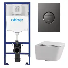 Комплект унитаза с инсталляцией ABBER Rechteck AC1201 белый и кнопкой AC0126NG оружейная сталь