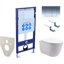 Комплект унитаза с инсталляцией Aquatek Set Aquatek Классик-010 4в1 с сиденьем Микролифт и клавишей смыва Хром глянцевый