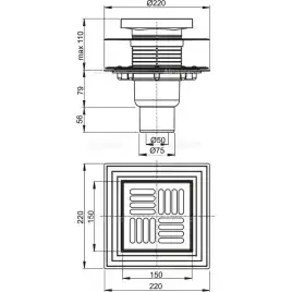 Душевой трап AlcaPlast 150х150/50/75, подводка – прямая, решетка –  нержавеющая сталь APV4444