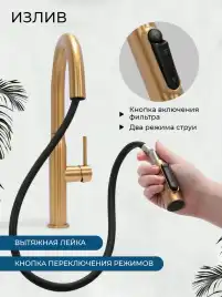 Смеситель для кухни AVS PureRiver 811-171-BG с выдвижным изливом, брашированное золото