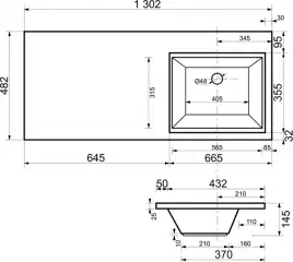 Раковина  Эстет Даллас 130х48 R ФР-00002167 правая над стиральной машиной, из литьевого мрамора, Белая