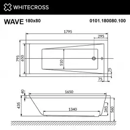 Акриловая ванна Whitecross WAVE 180х80 0101.180080.100 прямоугольная, Белая