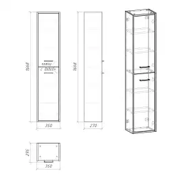 Шкаф-пенал для ванной Grossman Неро 35 подвесной, альпийский дуб/черный (303021)