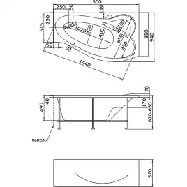 Акриловая ванна Marka One GRACIA 150х90 Асимметричная Белая Правая 01гр1590п
