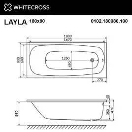 Акриловая ванна Whitecross LAYLA 180х80 0102.180080.100 прямоугольная, Белая