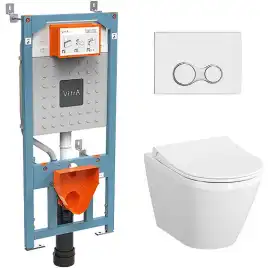 Комплект унитаза с инсталляцией Vitra Integra Round Rim-Ex 9856B003-7205 с сиденьем Микролифт и клавишей смыва Хром глянцевый