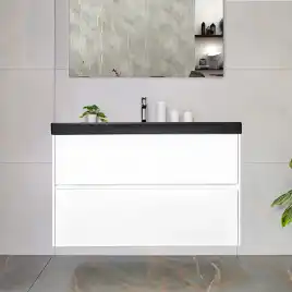 Тумба с раковиной AVS Вернисаж 100 белая глянцевая (раковина черная), подвесная 2 ящика, N814-01-1000WG-02-1010BM