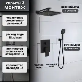Встраиваемая душевая система AVS CUBE 811-221-MB, черный матовый