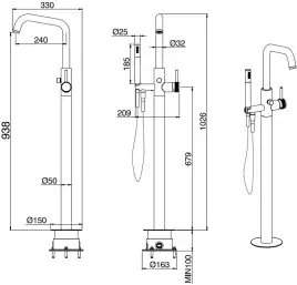Напольный смеситель для ванны Allen Brau Priority 5.31008-BN, однорычажный, с внутренней частью, Никель брашированный