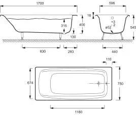 Чугунная ванна Jacob Delafon Diapason 170х75 E2937-00 с антискользящим покрытием, Белая