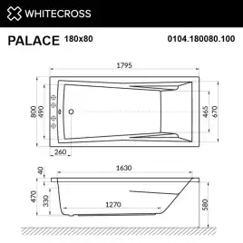 Акриловая ванна Whitecross PALACE 180х80 0104.180080.100 прямоугольная, Белая