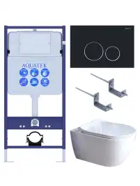 Унитаз с инсталляцией SET AQUATEK ПОЛАРИС-01-020 4в1 с тонким сиденьем микролифт и черной матовой клавишей смыва
