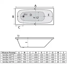 Акриловая ванна Alba Spa SEVILLA 160х70 см, ВПР0140100100, Белая