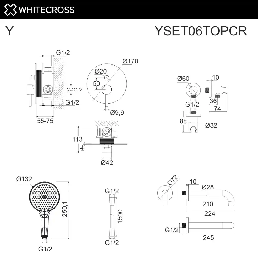 Душевая система для ванны WHITECROSS Y chrome YSET06TOPCR, скрытого монтажа, Хром фото 3