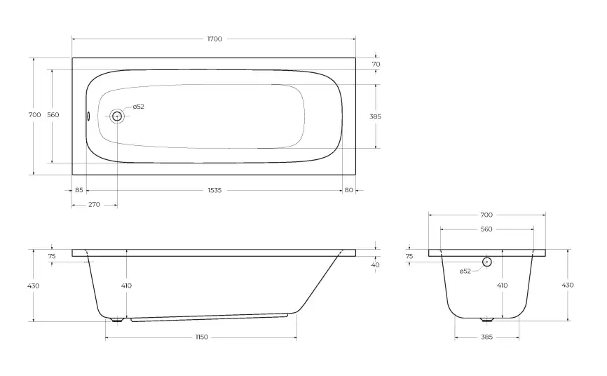 Акриловая ванна CEZARES ECO-170-70-41-W37, Белая фото 3