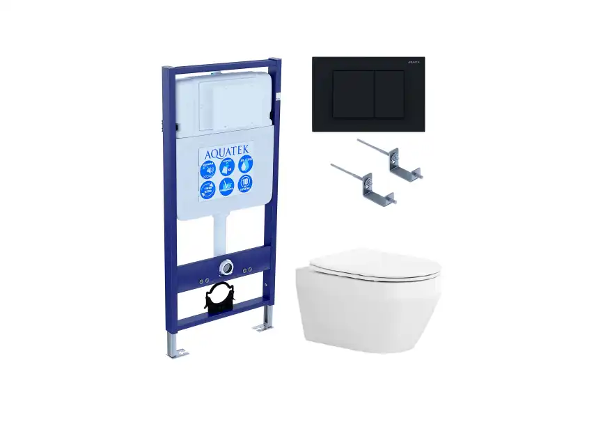 Унитаз с инсталляцией SET AQUATEK ЛЕЯ-012 4в1 с сиденьем микролифт и Черной матовой клавишей смыва фото 1