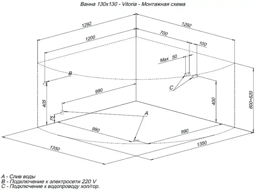 Акриловая ванна Aquanet Vitoria 130x130, 205371 фото 3