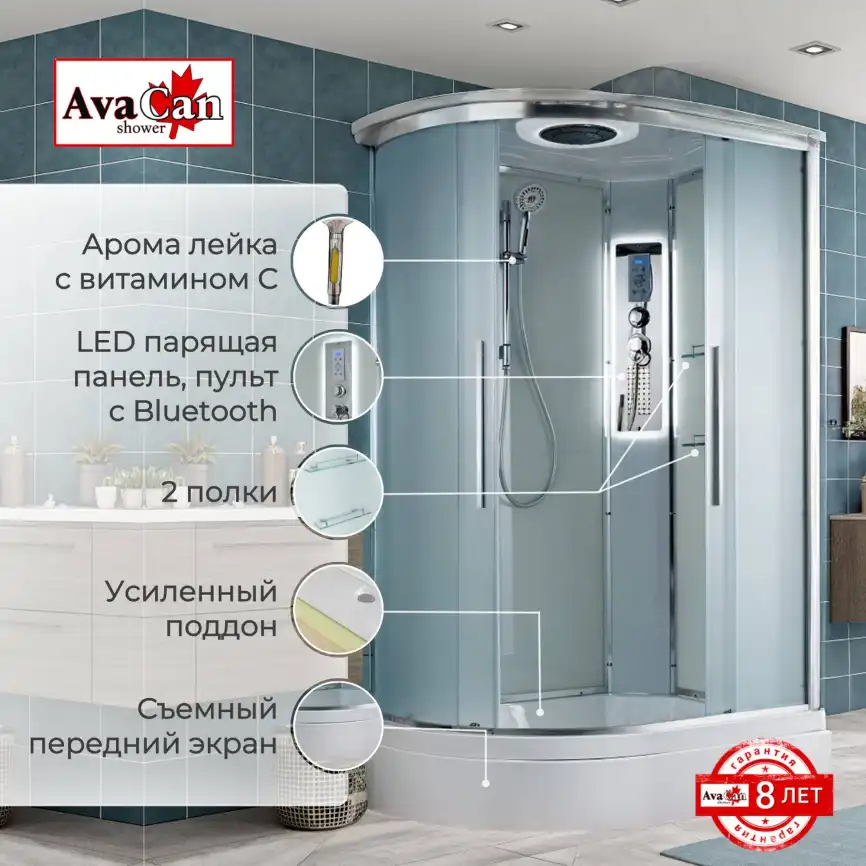 Душевая кабина AvaCan EM3912RLED 120x90 см, средний поддон, с крышей, правая фото 2