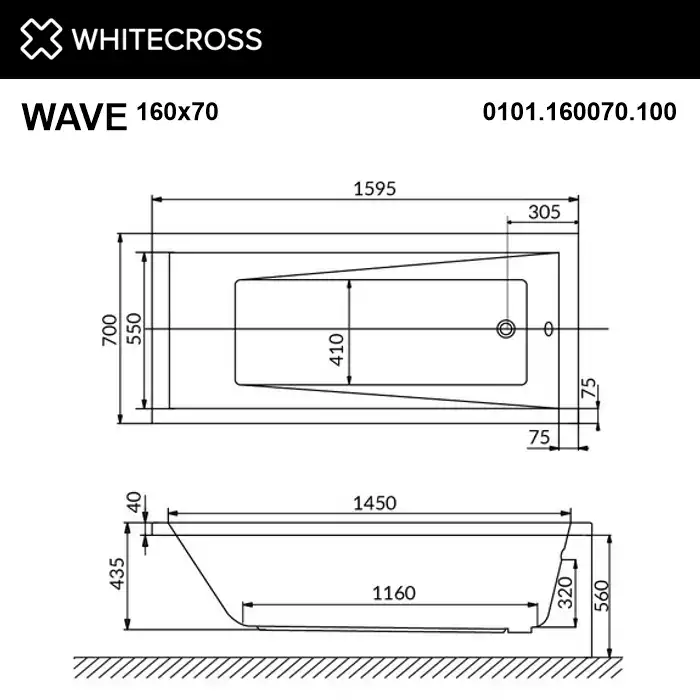 Акриловая ванна WHITECROSS Wave 160x70 белая, 0101.160070.100 фото 4