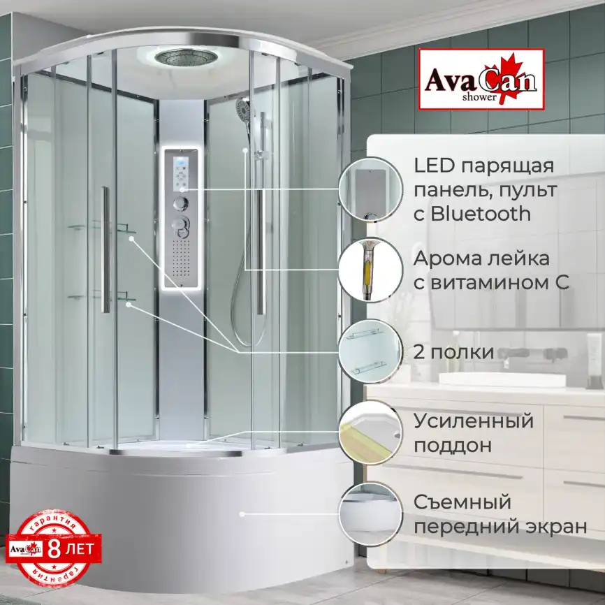 Душевая кабина AvaCan EM5010LEDT 100x100 см, высокий поддон, с крышей фото 2
