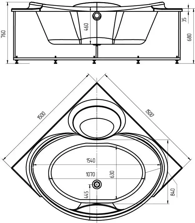 Акриловая ванна Aquatek Эпсилон 150х150 EPS150-0000066 с фронтальным экраном (вклеенный каркас) фото 7