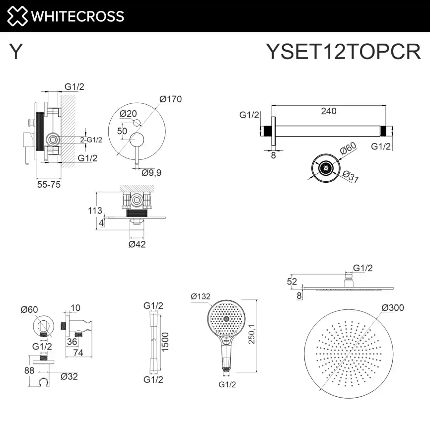 Душевая система для душа WHITECROSS Y chrome YSET12TOPCR, скрытого монтажа, Хром фото 3