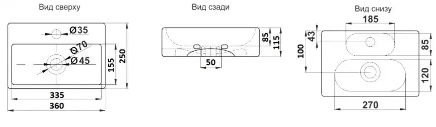Умывальник CeramaLux 9135 -1 360х250х115 Подвесная цвет Белый фото 2