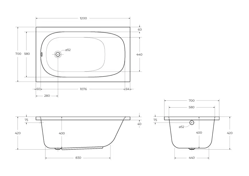 Акриловая ванна CEZARES ECO-120-70-40-W37, Белая фото 3