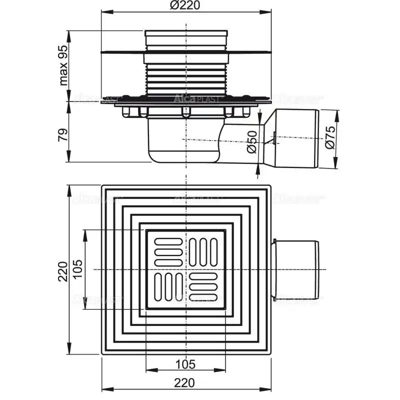 Душевой трап AlcaPlast 105х105/50/75, подводка – боковая, решетка – нержавеющая сталь APV3344 фото 2