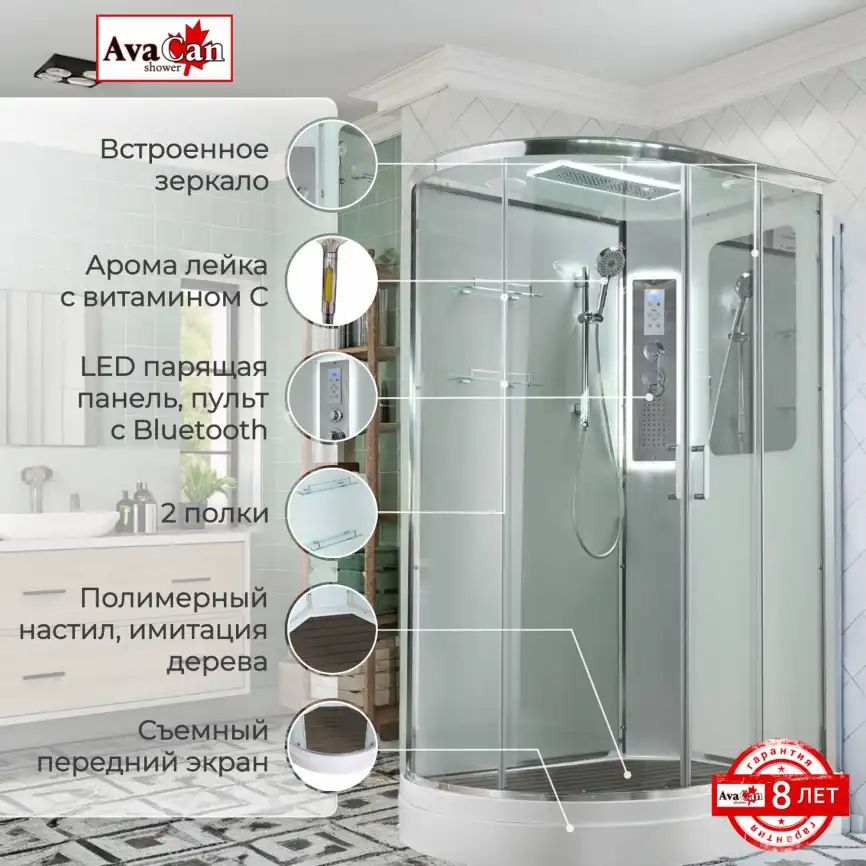 Душевая кабина AvaCan A2912RLED 120x90 см, низкий поддон, с крышей, правая фото 2