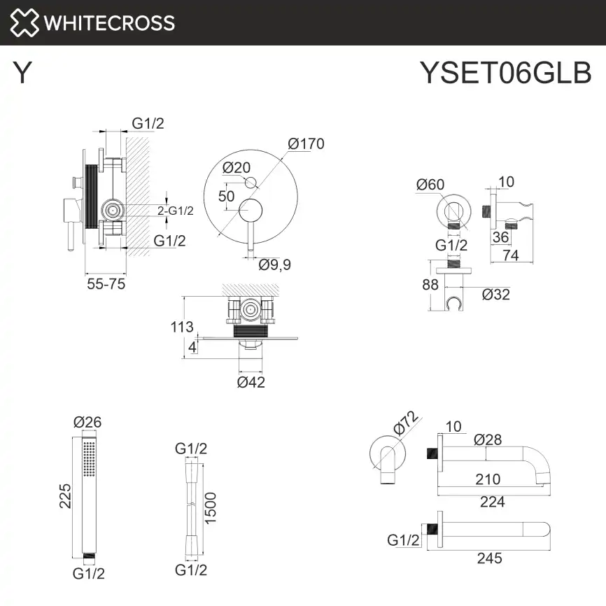 Душевая система для ванны WHITECROSS Y brushed gold YSET06GLB, скрытого монтажа, Золото брашированное фото 3