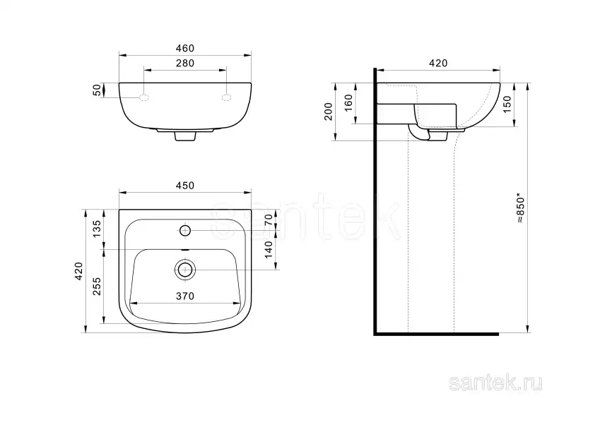 Раковина Santek Лонги 450х420 отверстие под смеситель 1WH501753 фото 4